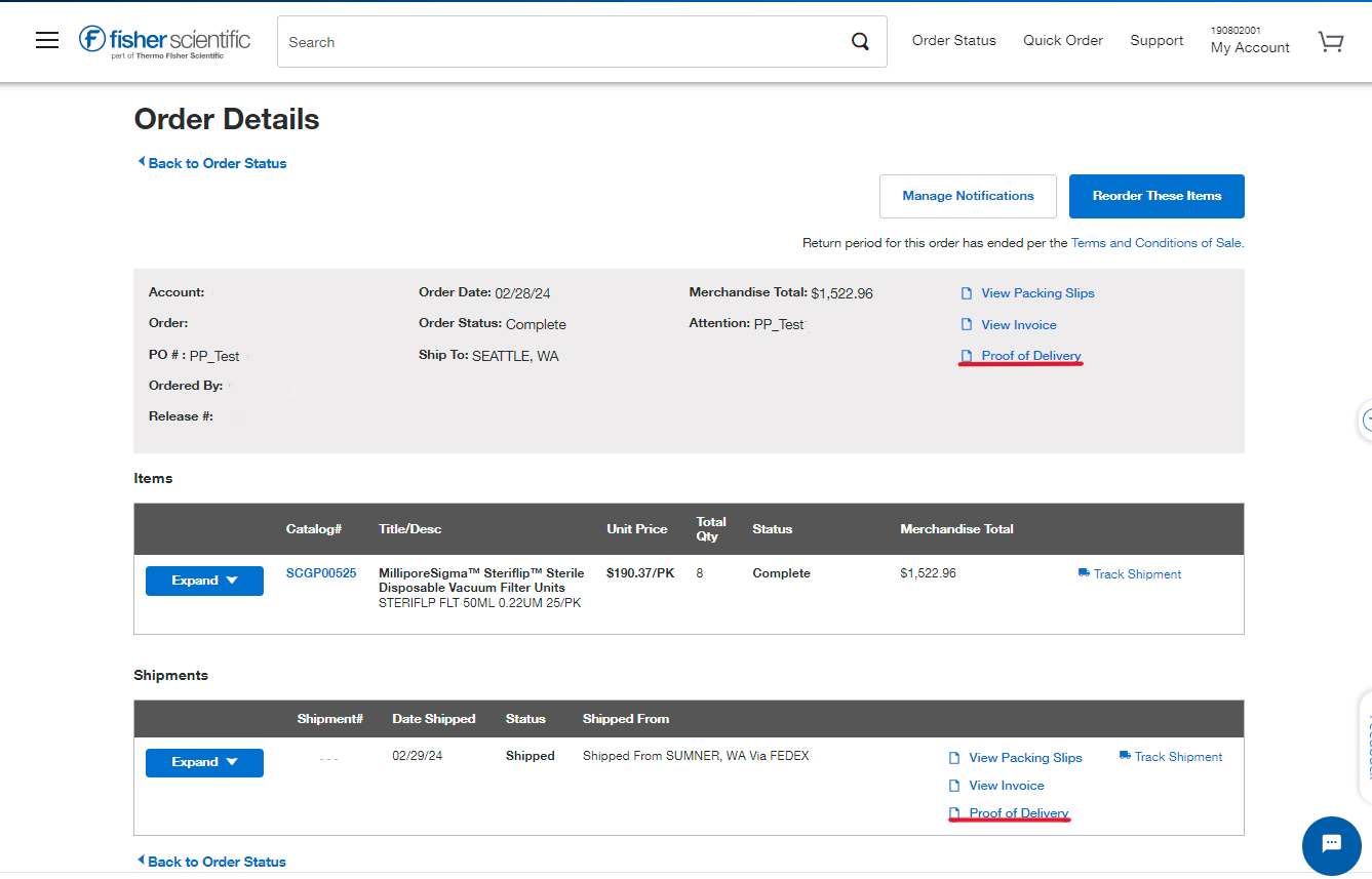 Order Details page on Fisher Scientific's website with order and shipment information. Includes options to manage notifications, reorder items, and view packing slips, invoice, and proof of delivery. Note mentions return period has ended.