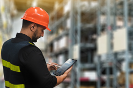 A worker reviews an inventory report on a tablet in a warehouse.