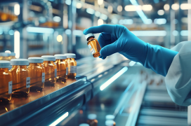 A rubber gloved hand holding a vial on an inspection line.