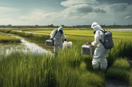 People in hazardous material suits working in a field.