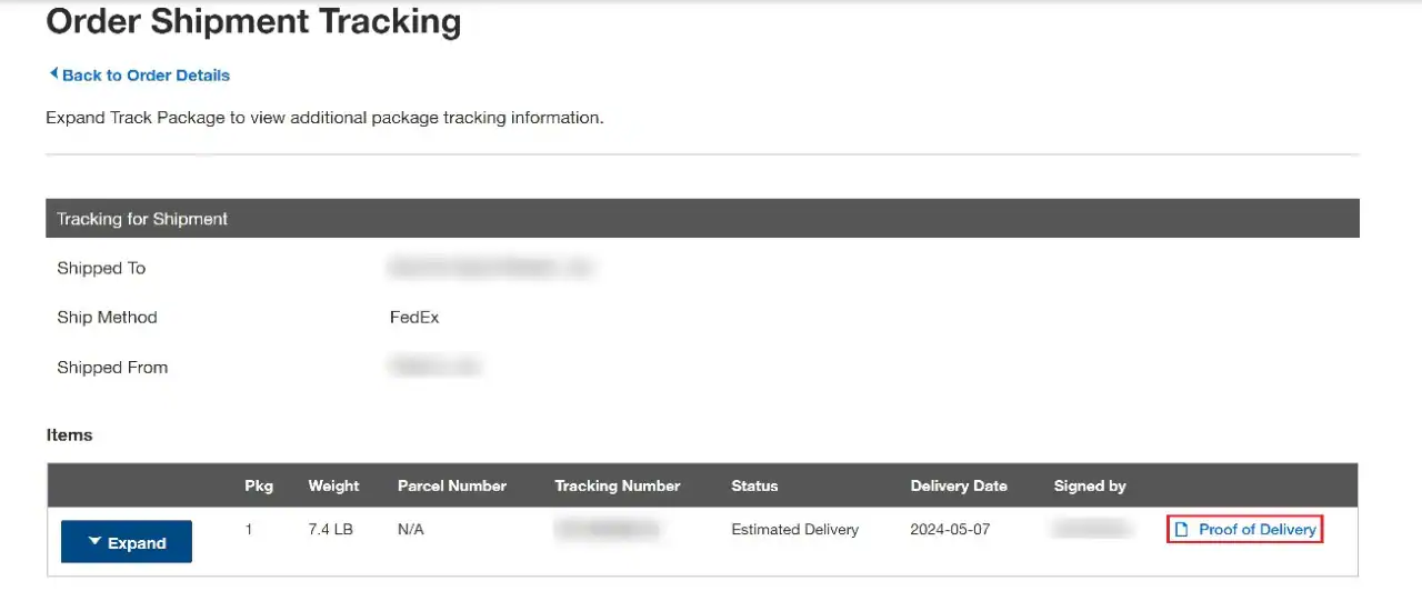 Order Shipment Tracking page on Fisher Scientific's website with shipment and item tracking information. Includes options to expand for more details.
